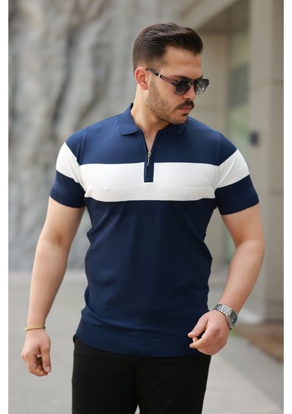 Erkek Fermuar Yakalı Şerit Renk Desenli Kısa Kollu Tişört