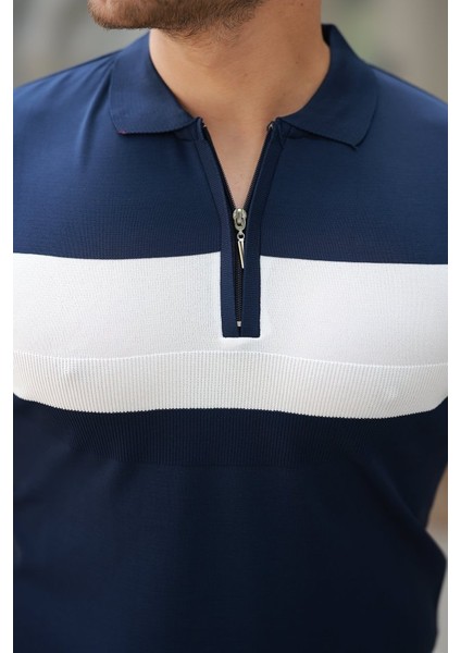 Erkek Fermuar Yakalı Şerit Renk Desenli Kısa Kollu Tişört modelleri