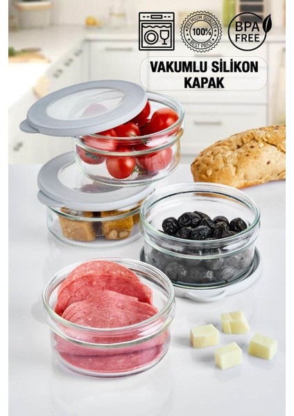 4'lü Vakumlu Kapaklı Cam Saklama Kabı Seti, Beyaz, Pratik ve Şık Kahvaltı Düzeni