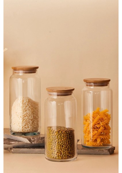 Bambu Kapaklı Cam Kavanoz Seti 1300ML, Şık ve Kullanışlı Üçlü Paket