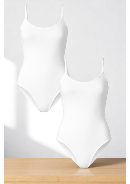 Kadın Pamuklu Likralı Penye Ince Askılı Beyaz 2'li Çıtçıtlı Body