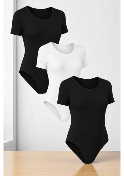 Kadın Pamuklu Likralı Penye Kısa Kol Bisiklet Yaka Siyah & Beyaz & Siyah 3'lü Çıtçıtlı Body