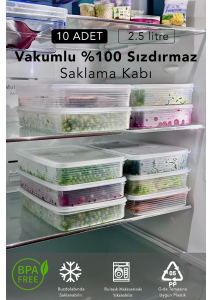 10 Adet 2,5 Lt Sızdırmaz Vakumlu Büyük Dikdörtgen Saklama Kabı Seti