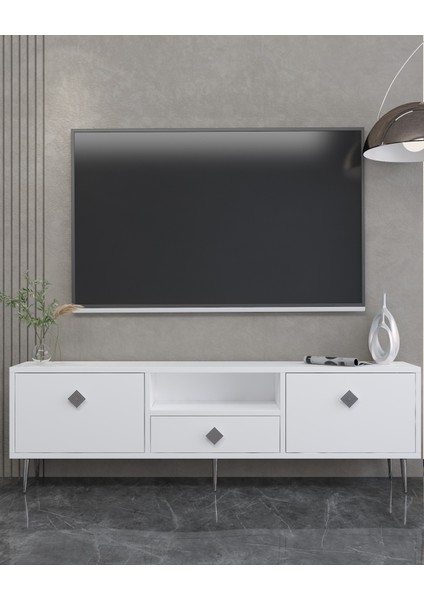 1308DROPDD-1 Tv Sehpası Beyaz-Gümüş Kulp