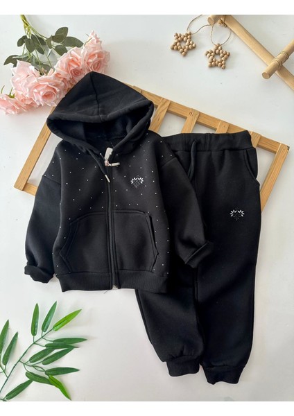 Kapüşonlu Çiçek Işleme Taş Detaylı Kız çocuk takım - Siyah
