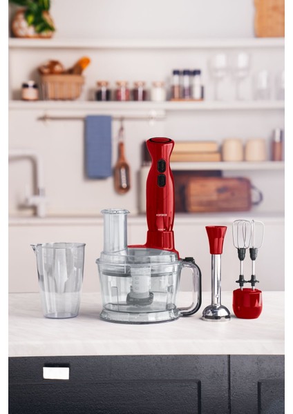 Çok Fonksiyonlu Kırmızı Mutfak Robotu ve Blender Seti, Güçlü 2000 W