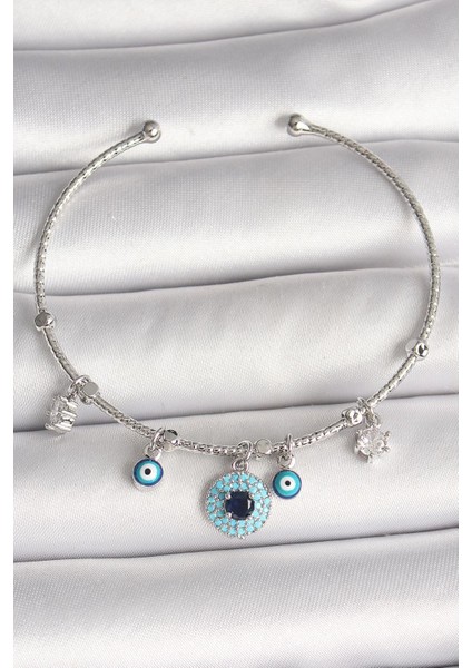 Pirinç Gümüş Renk Zirkon Taşlı Nazar Boncuk Detay Charm Kadın Bileklik