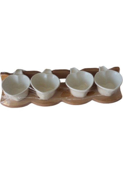 4'lü Kalp Sosluk Sunum Seti, Ahşap Ayaklı, Beyaz Tasarım, Şık ve Kullanışlı