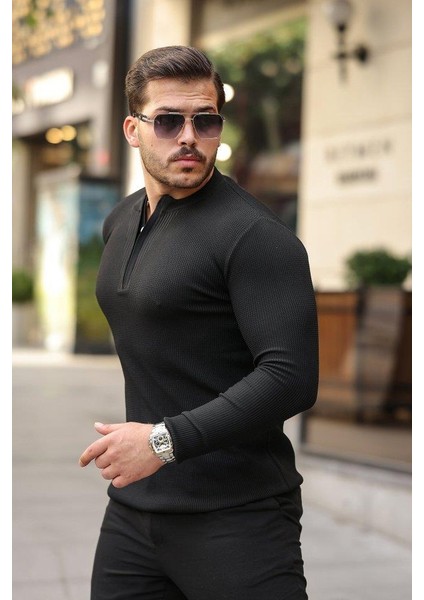 Erkek Fermuarlı Bisiklet Yaka Dokulu Uzun Kollu Triko fiyatları