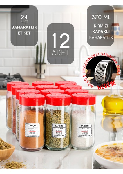 12'li Kapaklı ve Etiketli Cam Baharatlık Seti, 370 Ml, Şık ve Kullanışlı.