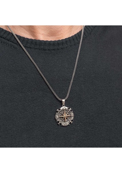 Gümüş Oksitli Pusula Erkek Kolye