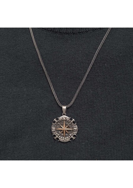 Gümüş Oksitli Pusula Erkek Kolye