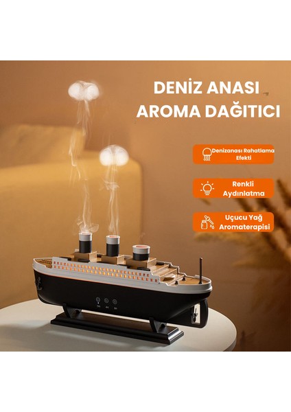 Gemi Tasarımlı Aromaterapi Difüzör – Renkli Işık, Uzaktan Kumanda, Yoğun Buhar ve Zamanlayıcı