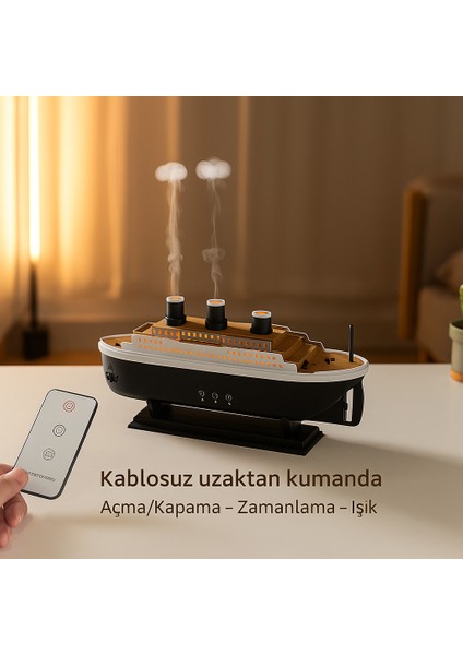 Gemi Tasarımlı Aromaterapi Difüzör – Renkli Işık, Uzaktan Kumanda, Yoğun Buhar ve Zamanlayıcı indirimleri