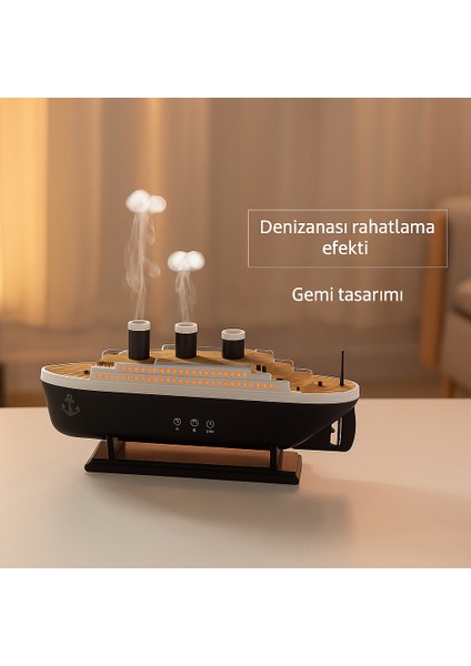 Gemi Tasarımlı Aromaterapi Difüzör – Renkli Işık, Uzaktan Kumanda, Yoğun Buhar ve Zamanlayıcı