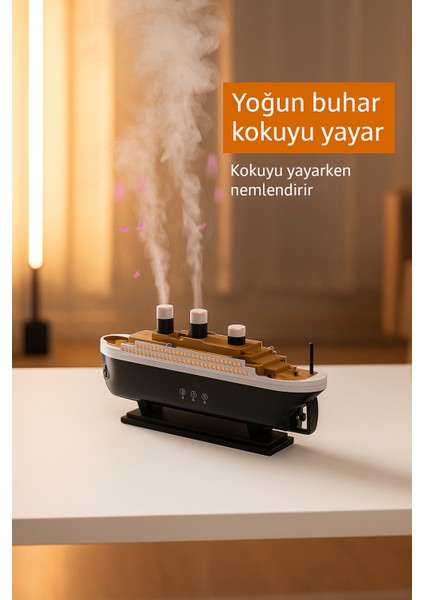 Gemi Tasarımlı Aromaterapi Difüzör – Renkli Işık, Uzaktan Kumanda, Yoğun Buhar ve Zamanlayıcı