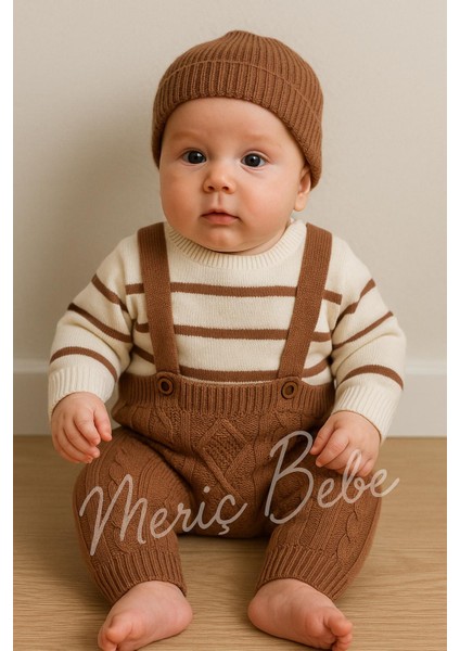 Erkek Bebek Çizgili Kazaklı Bereli Baklava Desenli Salopet Hediyelik 3lü Takım