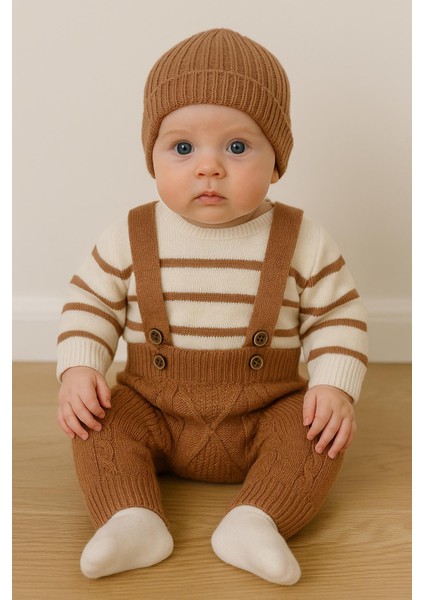 Erkek Bebek Çizgili Kazaklı Bereli Baklava Desenli Salopet Hediyelik 3lü Takım fiyatları