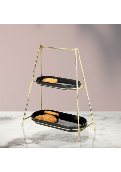Iki Katlı Oval Sunumluk Teli, Gold Kaplama, Şık ve Modern Tasarım