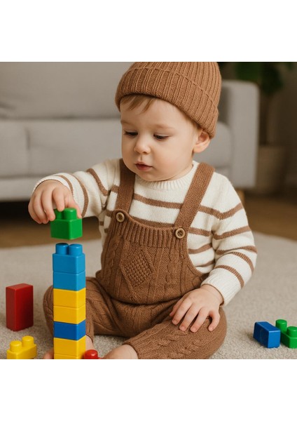 Erkek Bebek Çizgili Kazaklı Bereli Baklava Desenli Salopet Hediyelik 3lü Takım modelleri