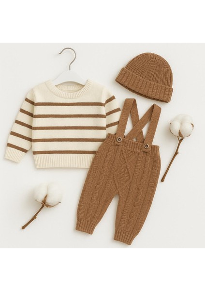 Erkek Bebek Çizgili Kazaklı Bereli Baklava Desenli Salopet Hediyelik 3lü Takım fırsatları