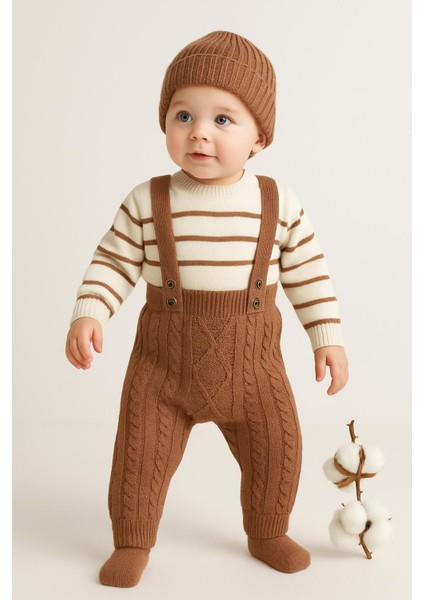 Erkek Bebek Çizgili Kazaklı Bereli Baklava Desenli Salopet Hediyelik 3lü Takım indirimleri