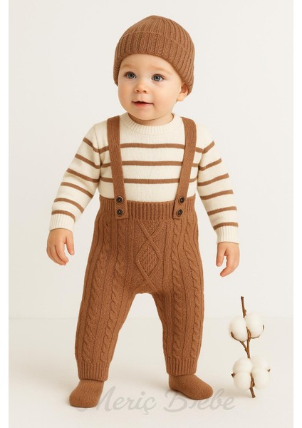 Erkek Bebek Çizgili Kazaklı Bereli Baklava Desenli Salopet Hediyelik 3lü Takım