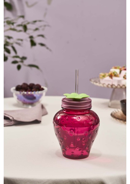 Kırmızı Çilek Şeffaf Pipetli 750 ml Su Şişesi, Şık ve Kullanışlı Tasarım