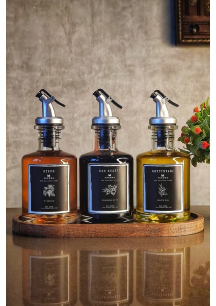 3'lü Ahşap Stantlı 250 ml Yağ, Sirke ve Nar Ekşisi Şık Set