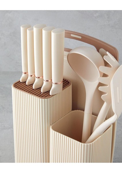 Pratik Kesme Tahtası ve Bıçak Seti, 21.5X13X20 Cm, Krem Renk