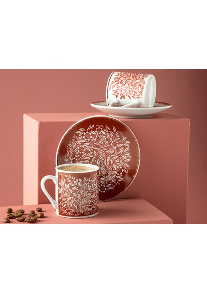 2'li Porselen Kahve Fincan Takımı, 80 Ml, Şık Bordo Renkli Set