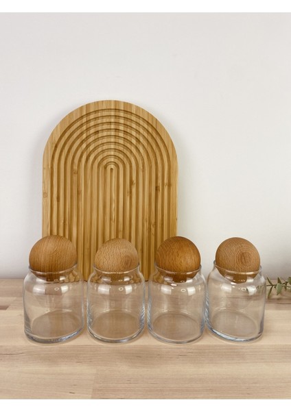 Renkli Ahşap Kapaklı 4'lü Cam Baharat Kavanoz Seti