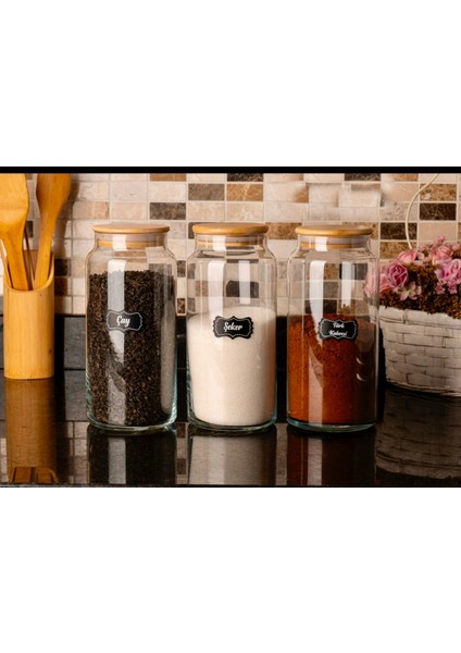 3’lü 1300CC Bambu Kapaklı Cam Çay Şeker Türk Kahve Kavanoz Seti