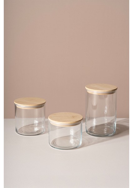 3'lü Şeffaf Kavanoz Seti, 535 Cc, 680 Cc, 1050 Cc, Bej Renk