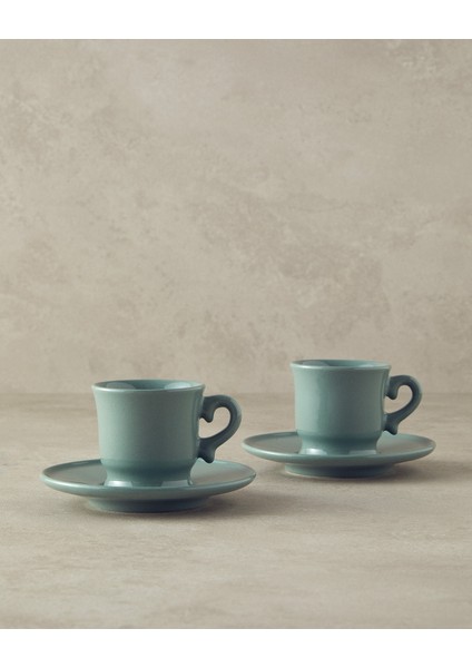 Şık 4'lü Yeşil ve Bordo Seramik Kahve Fincanı Takımı, 2 Kişilik Set