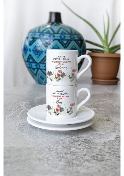 Kişiye Özel Kahve Fincanı, Hatır Işığı, 2'li, Türk Kahvesi Takımı, Beyaz