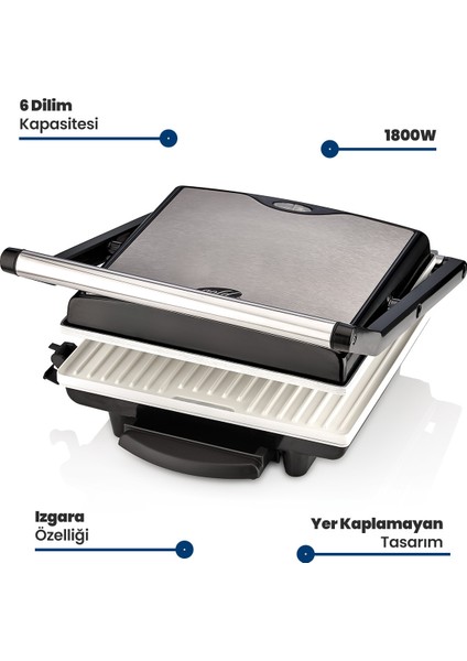 1800W Seramik Tost ve Izgara Makinesi, Beyaz, Pratik ve Şık Tasarım fiyatları