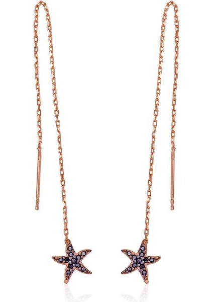 Gümüş Siyah Taşlı Deniz Yıldızı Zincirli Küpe