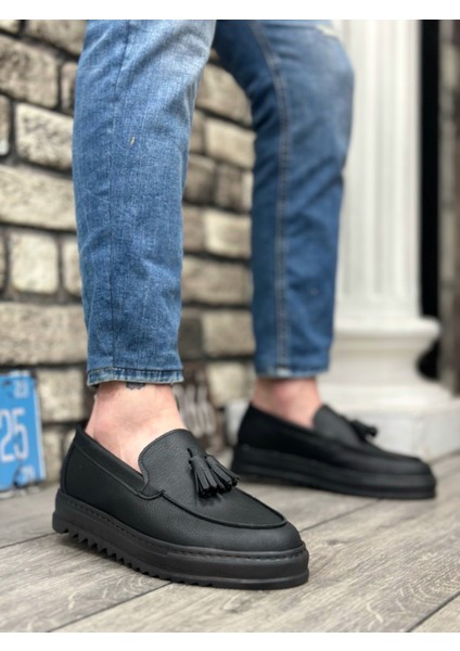 ET0154 Bağcıksız Yüksek Taban Cilt Siyah Renk Püsküllü Erkek Ayakkabı modelleri