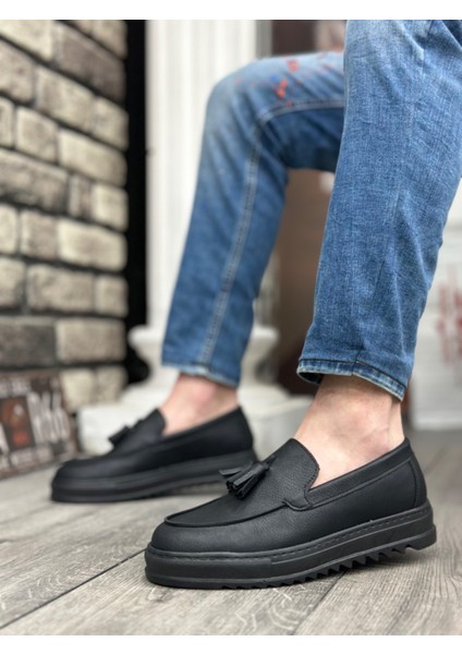 ET0154 Bağcıksız Yüksek Taban Cilt Siyah Renk Püsküllü Erkek Ayakkabı fırsatları