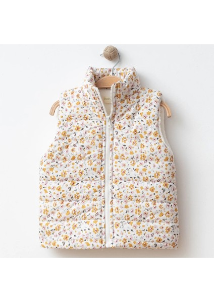 Kız Yelek Çiçek Baskılı Ekru