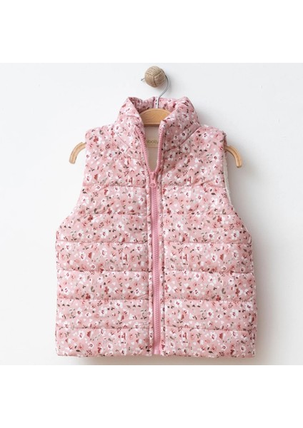 Kız Yelek Çiçek Baskılı Ekru