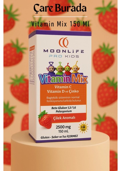 Moonlife - Çilek Aromalı Vitamin Mix 150 ml (Çinko & Vitamin C & Vitamin D)