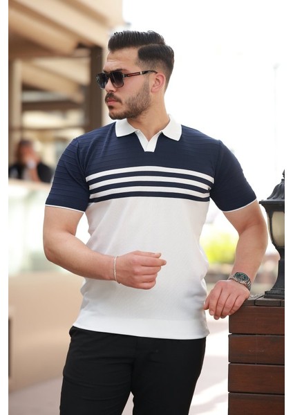 Erkek Çizgi Desenli Yakalı Kısa Kollu T-Shirt