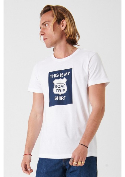 Regular Fit Roadtrip Baskılı Beyaz Erkek T-Shirt