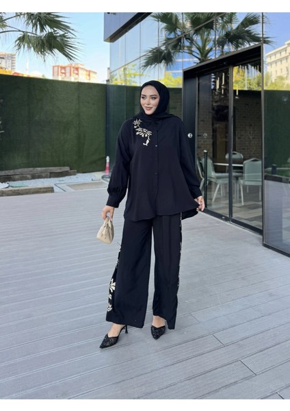 Nakışlı Ikili Gömlek Takım Siyah Renk