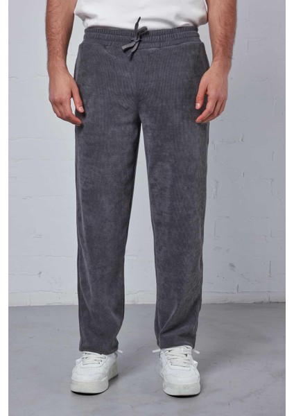 Erkek Slim Fit Fitilli Beli Lastikli Pantolon Füme