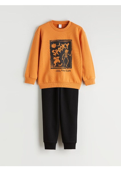 Bisiklet Yaka Baskılı Uzun Kollu Erkek Çocuk Sweatshirt ve Pantolon 2'li Takım (W5)