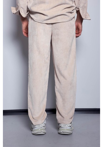 Erkek Kadife Dokulu Baggy Fit Pantolon Taş Rengi indirimleri