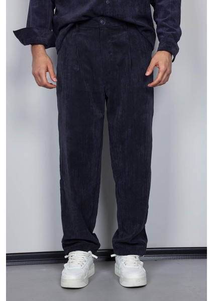 Erkek Kadife Dokulu Baggy Fit Pantolon Lacivert